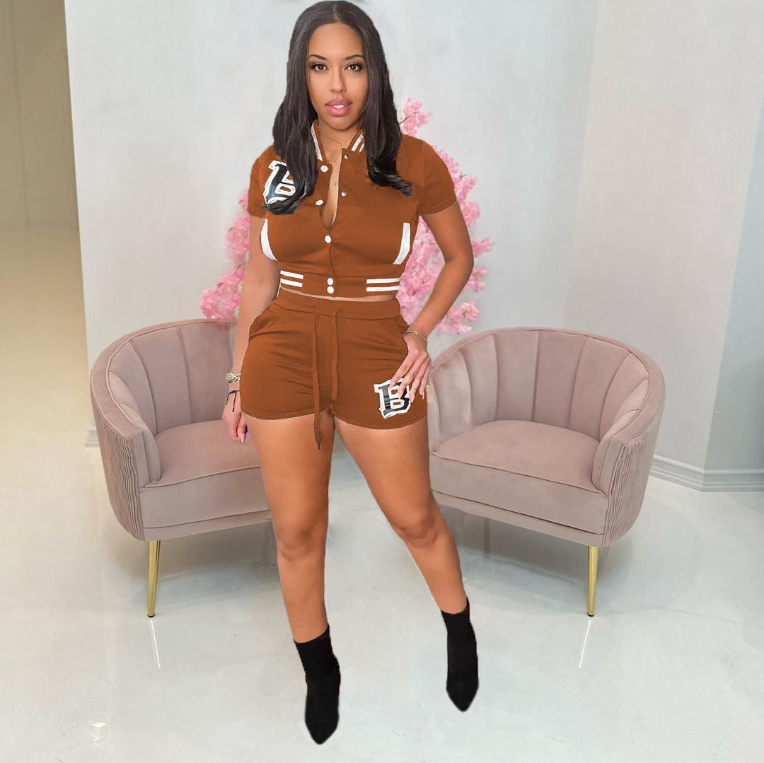 Women's Letter Print Ribbed Baseball Jacket Shorts Two Piece Set 15