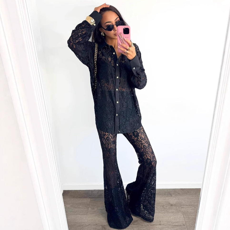 Women Hollow White Cardigan Lace Shirt and Wide-leg Pants Two-piece Set 6