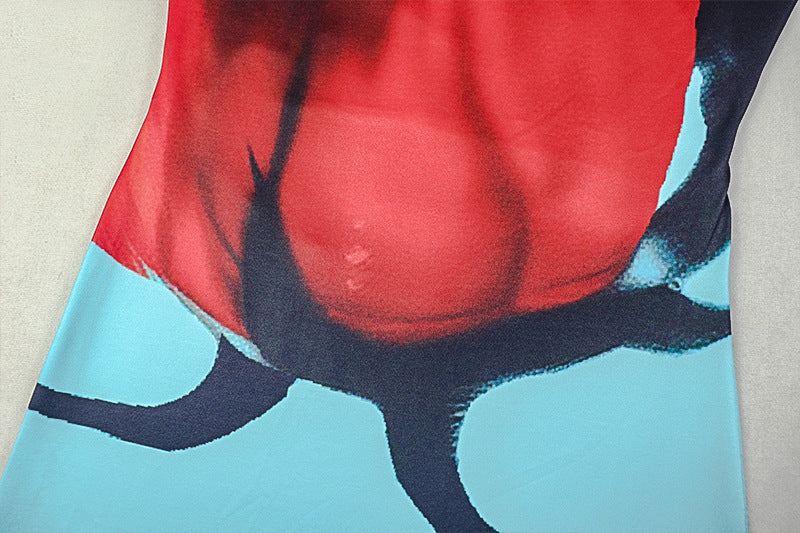 Fashion Printed Casual Ruched Halter Neck Draped Low-Back Long Dress 10