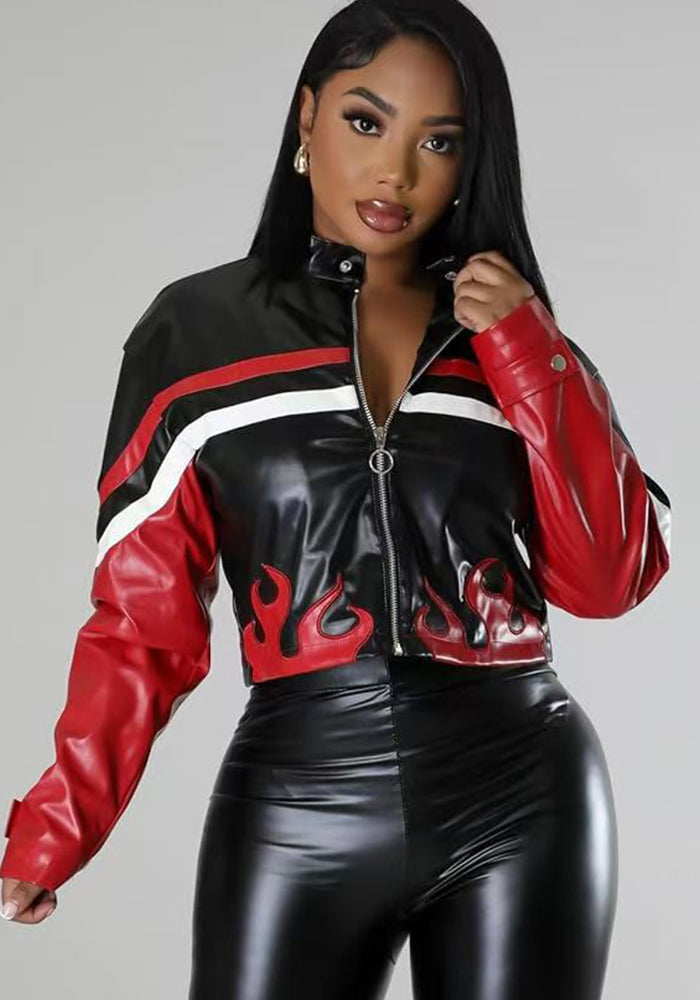 Women's Embroidered Flame Patchwork Leather Jacket