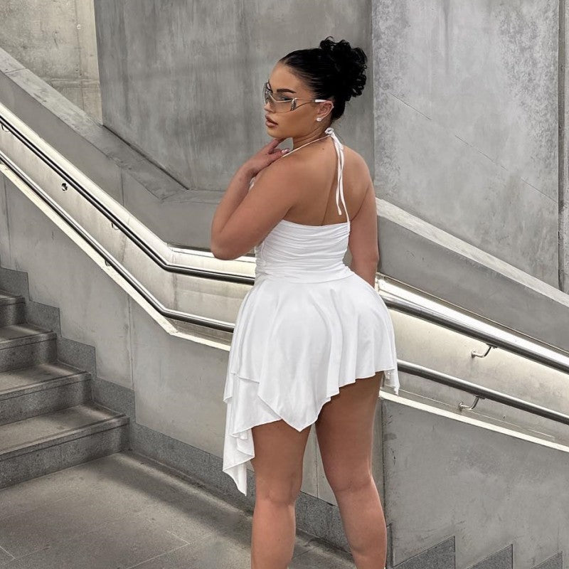 Women Summer Solid Sleeveless Halter Neck Strapless Irregular Dress 5