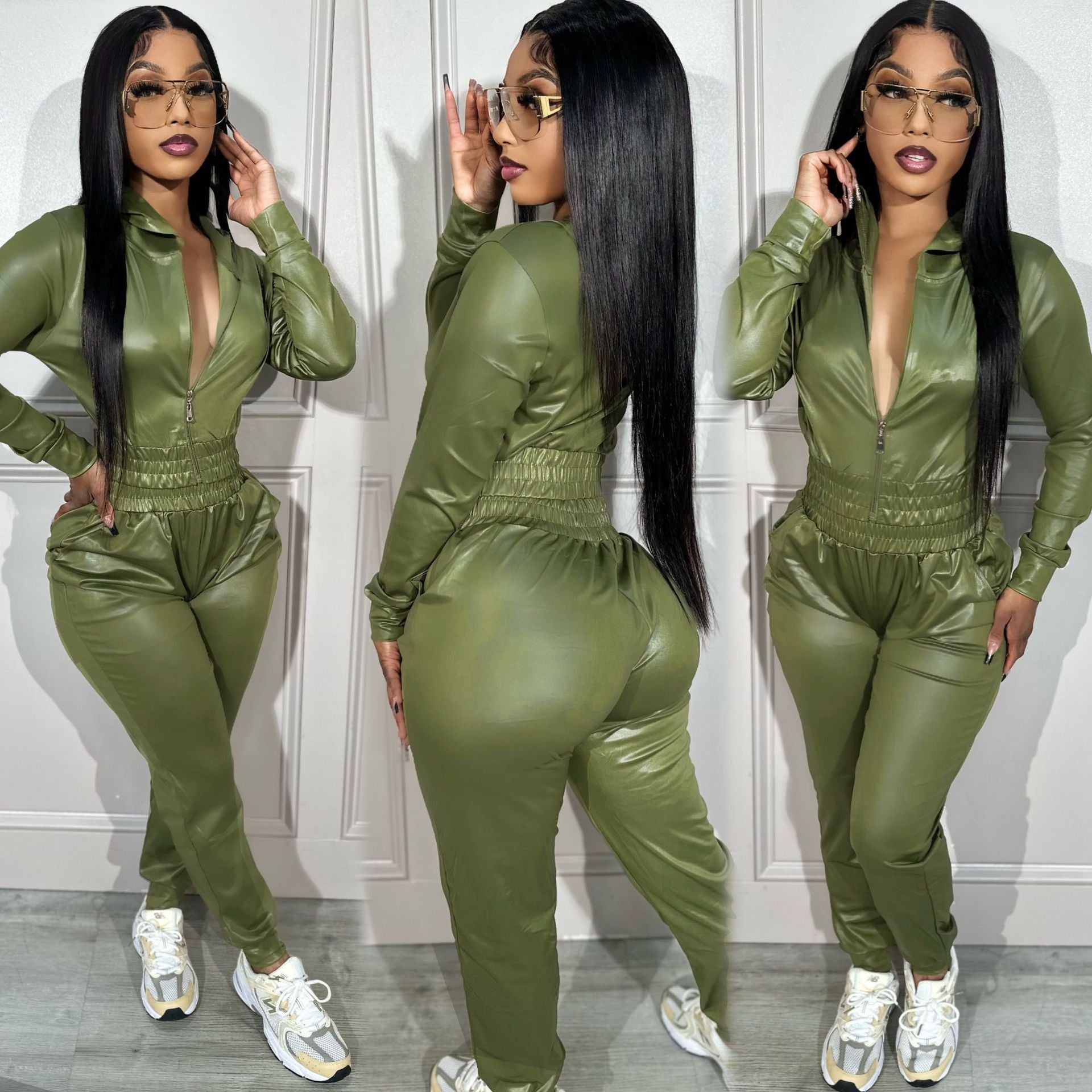 Women Casual PU-Leather Hooded and Pant Two-piece Set 6