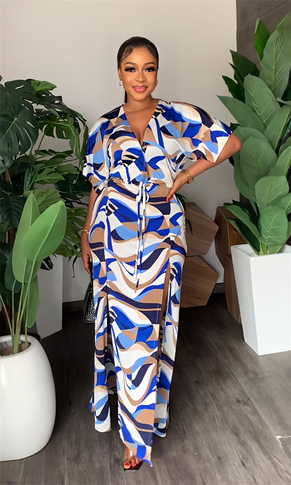 Women Casual Short Sleeve Drawstring Print Slit Dress 4