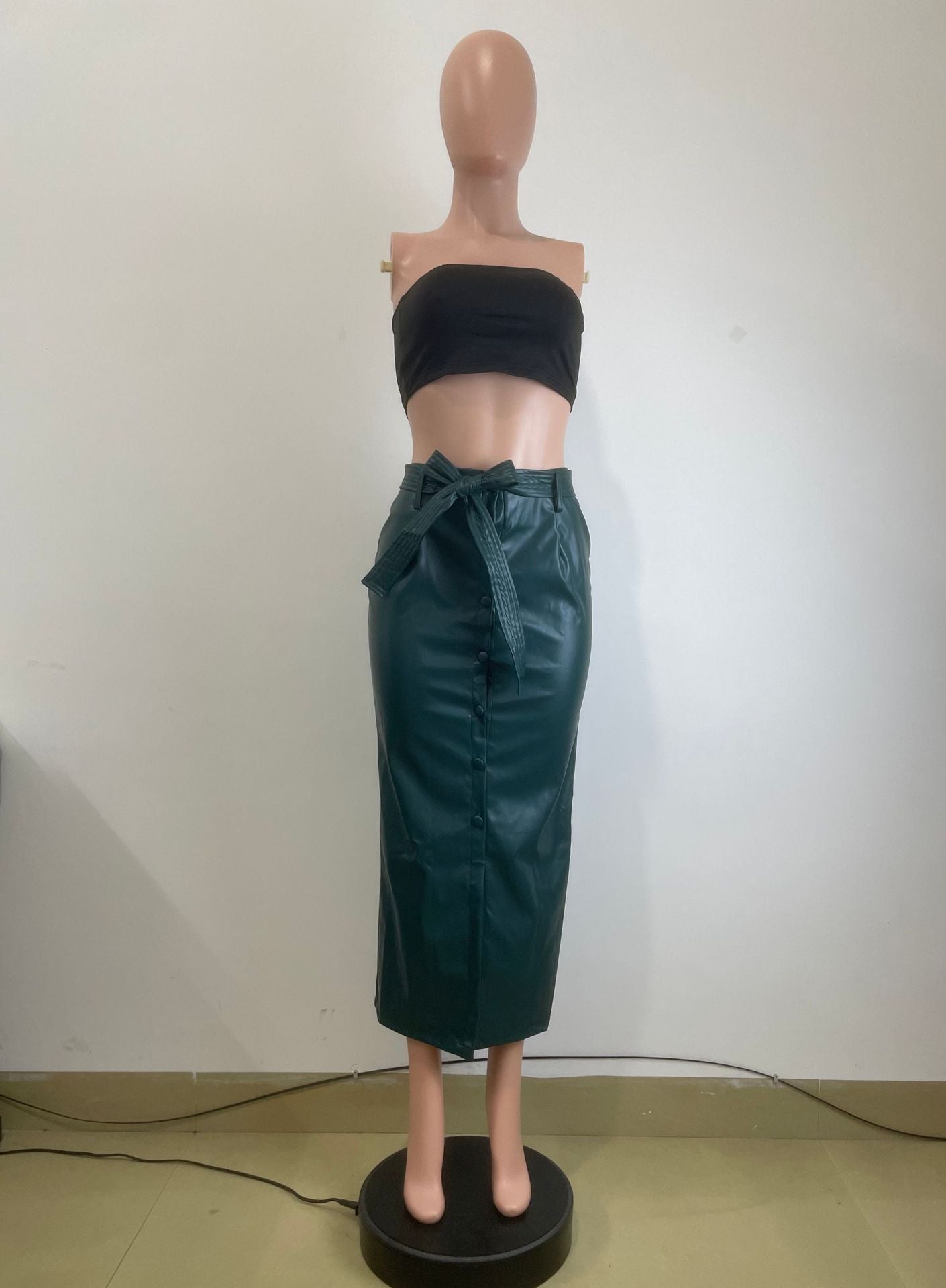 Autumn And Winter Mid-Length Black Pu Buckle Slit  Casual Leather Skirt With Belt 21