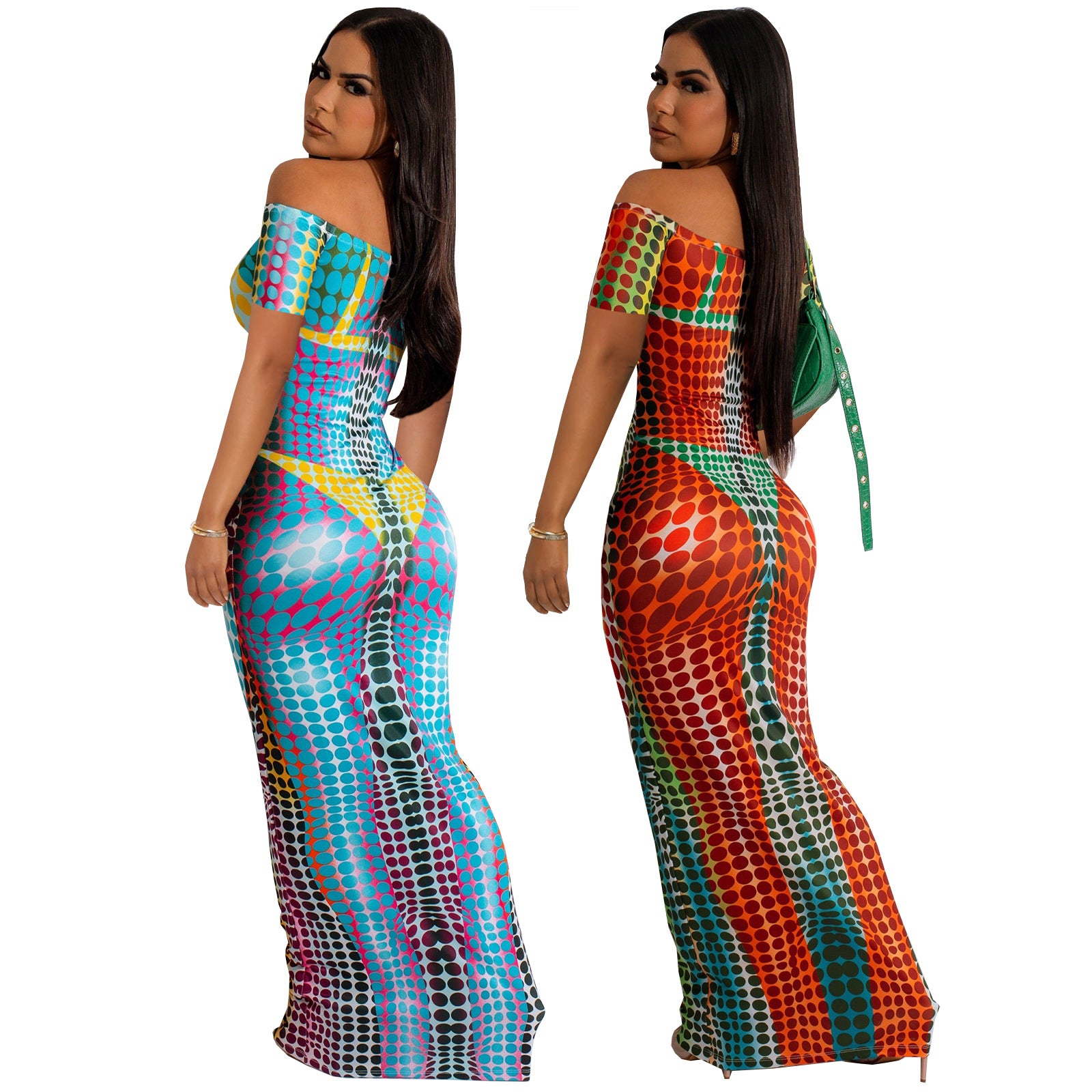Women Print Off Shoulder Short Sleeve Maxi Dress 7