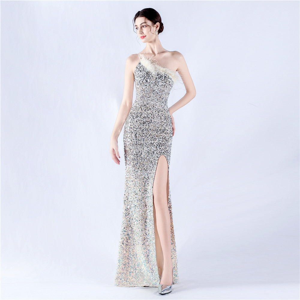 Women Ostrich Feather Beaded Evening Dress 8