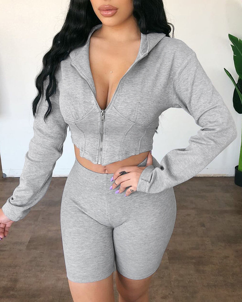 Career Women's Slim Waist Fishbone Zipper Hooded Hoodies Slim High Waist Shorts Set 3