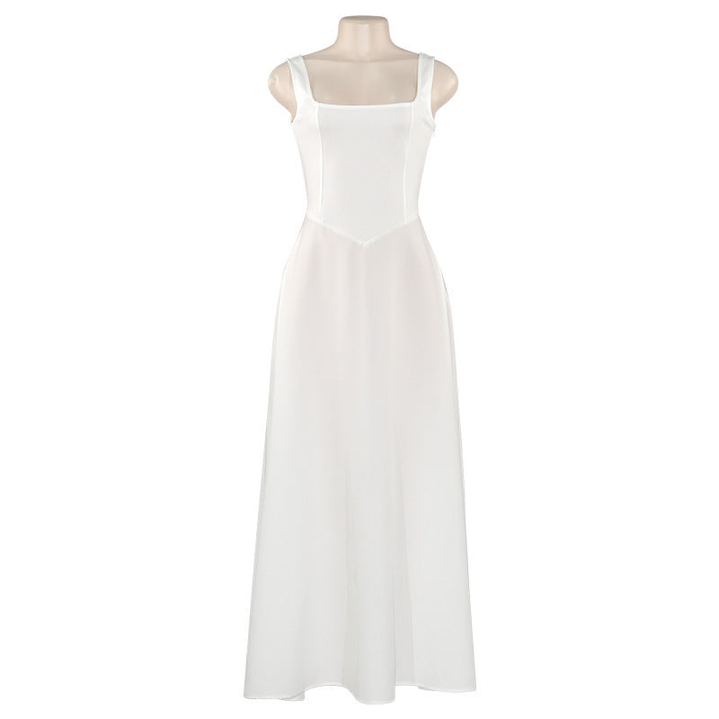 Spring Summer Square Neck Sleeveless Slim Waist Strap Dress 14