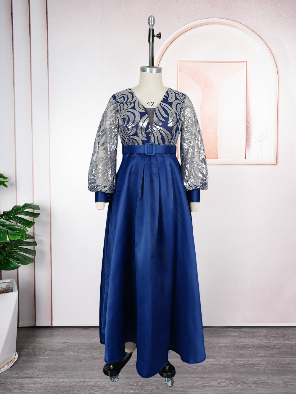 Plus-size African Women sequined lace long-sleeved V-neck elegant maxi dress 11