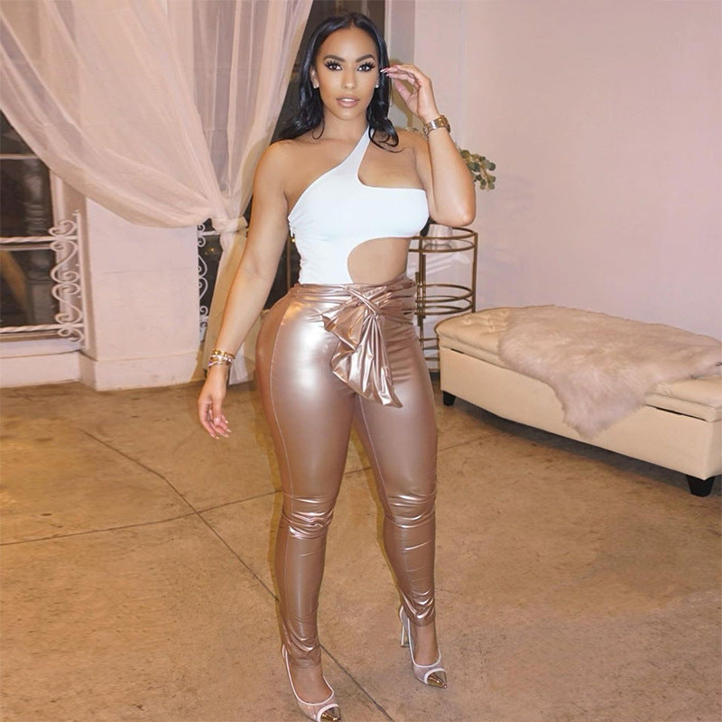 Women Stretch Belted Casual Pu Leather Pants 3