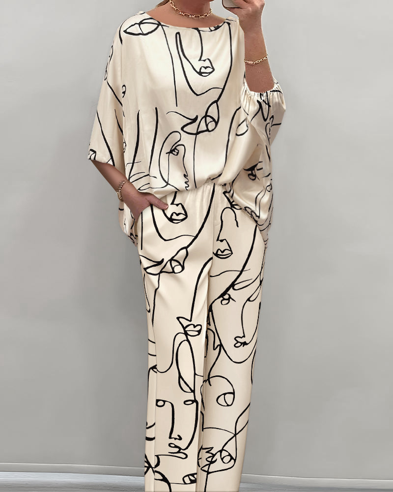 Floral Print Casual Satin Bat Sleeve Top with Straight-Leg Pants Set 4