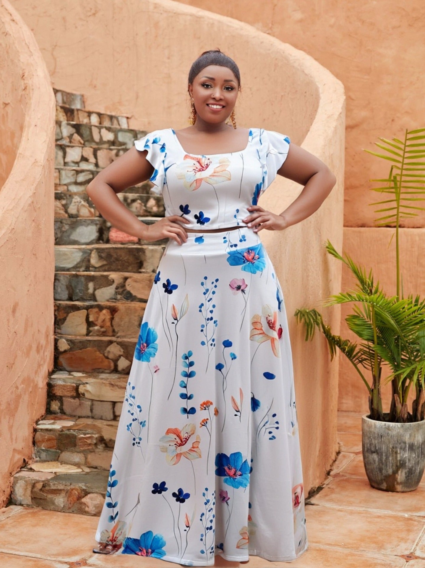 Plus Size Women Women Casual Ruffle Sleeve Printed Top and Long Skirt Two-piece Set 3