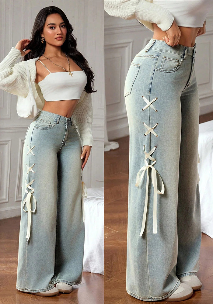 Casual Wide Leg Denim Pants Loose Women's Fashion Side Lace-up Jeans