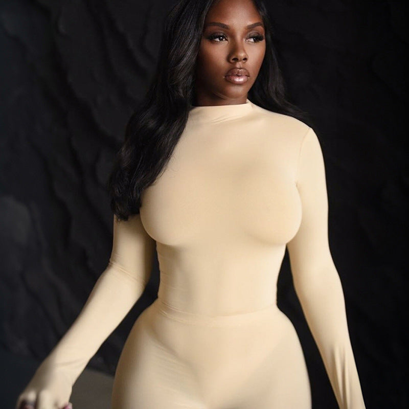 Women Autumn/Winter Solid Turtleneck Long-Sleeved Bodysuit with Covered Legs Two-Piece Set 10