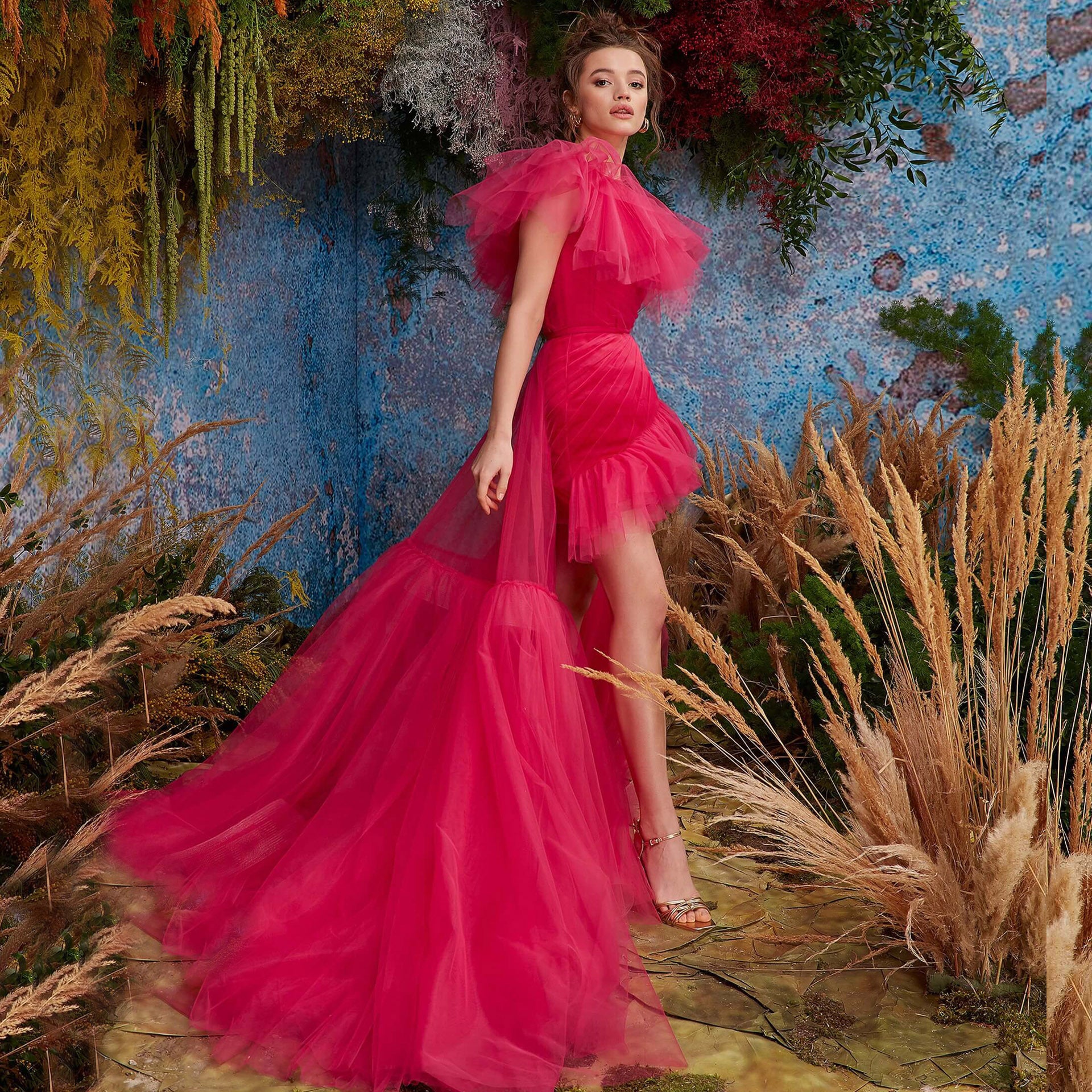 Women's Summer Style Slash Shoulder Pleated Mini Dress Mesh Trailing Formal Party Dress 6