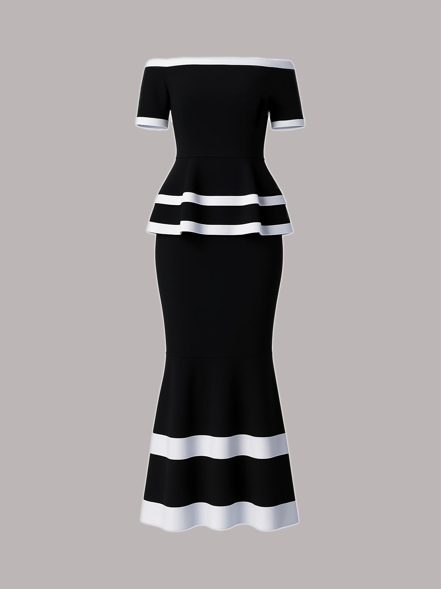 Women Elegant Colorblock Off-Shoulder Top and Skirt Two-Piece Set 5