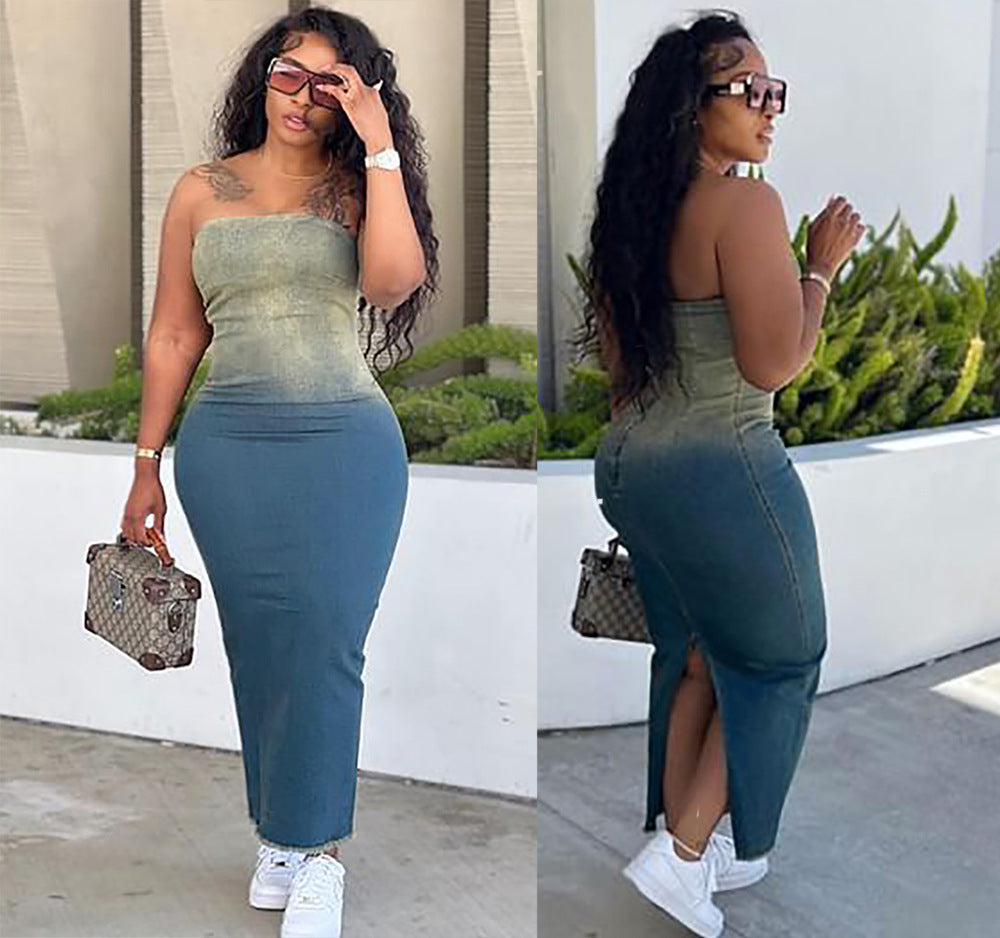 Women's Sexy Gradient Strapless Slit Bodycon Stretch Denim Dress