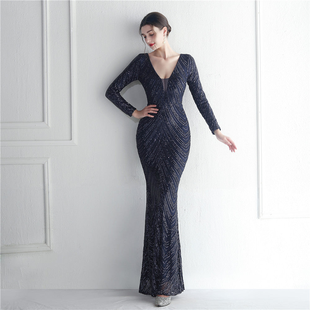 Sequin Evening Dress Women Formal Party Elegant Long-Sleeved Sequined Mermaid Evening Dress 6