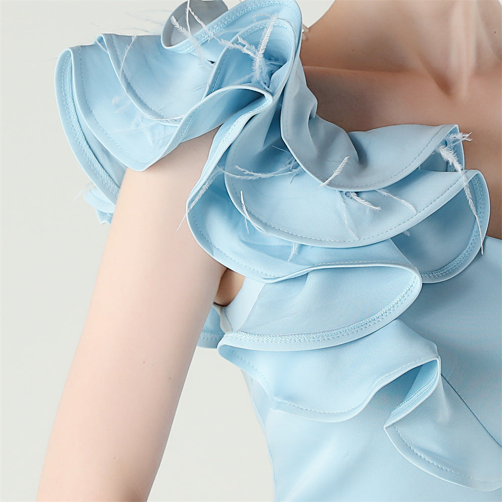 Women One-Shoulder Beaded Wool and Floral Satin Slit Sexy Evening Dress 77