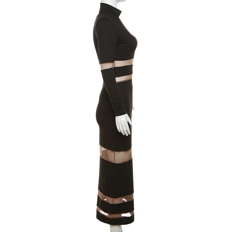 Autumn Women's Sexy Mesh Patchwork High Neck High Waist Slim Long Dress 11