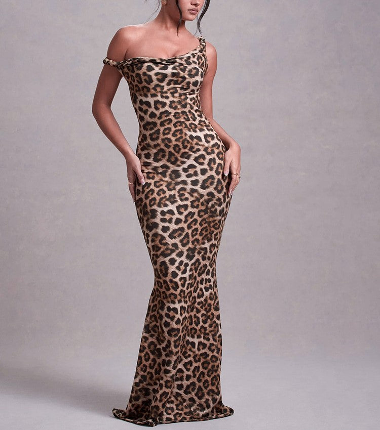 Women Sexy Strap Bcakless Leopard Maxi Dress