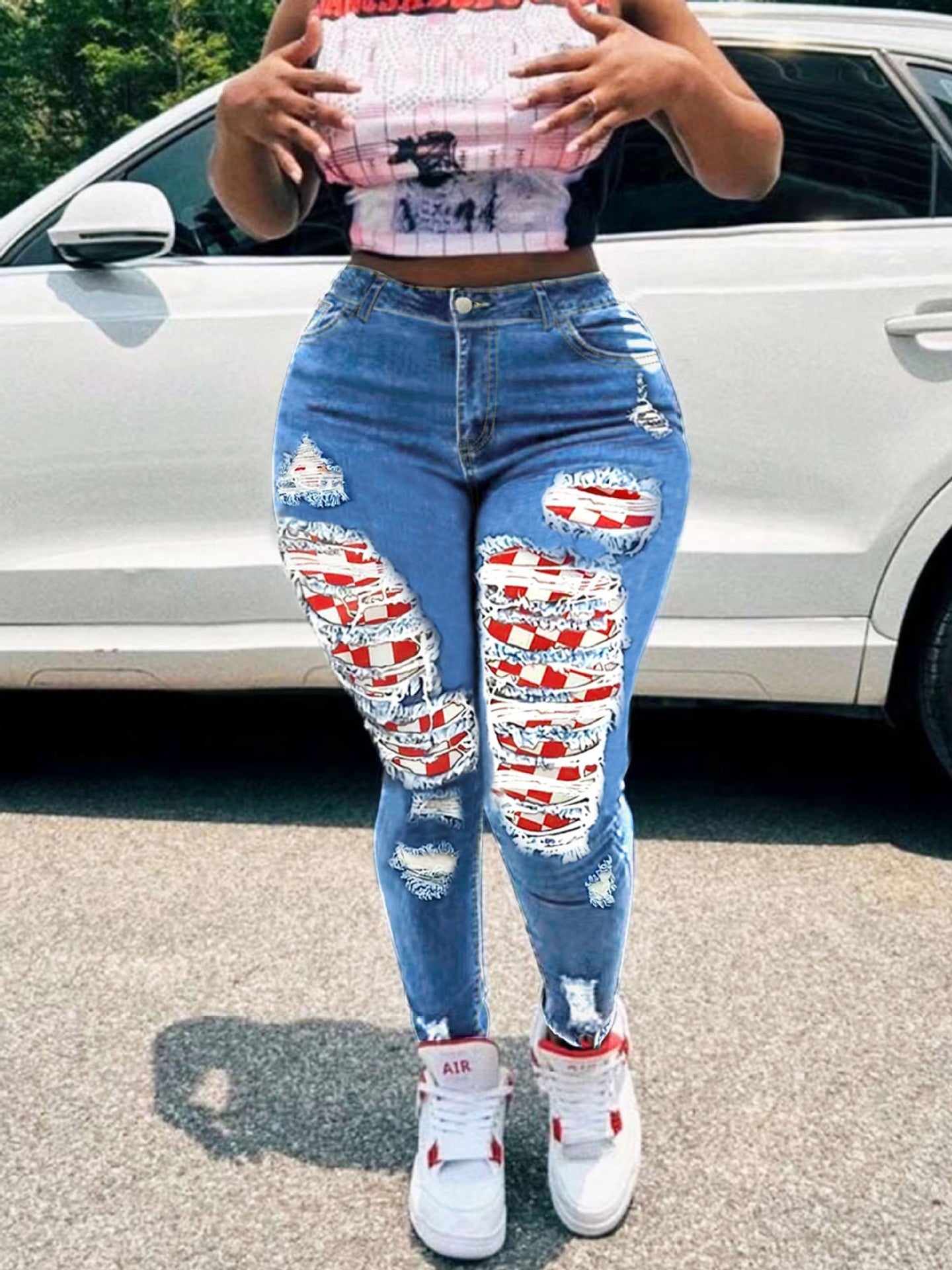 Sexy Red Plaid Patch Ripped Tight-Fitting Casual Stretch Denim Pants 3