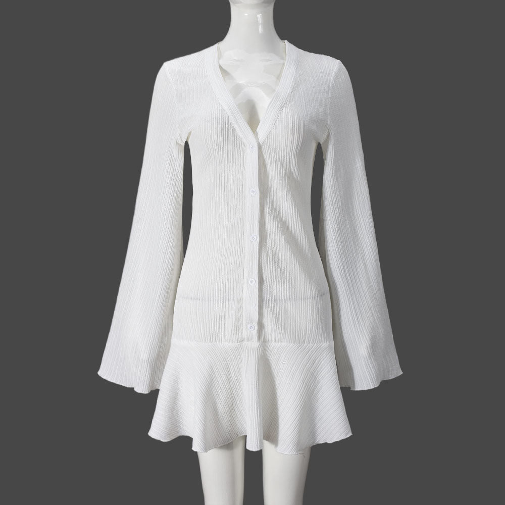 Autumn Women V-Neck Bell Bottom Sleeve A-Line Dress 7