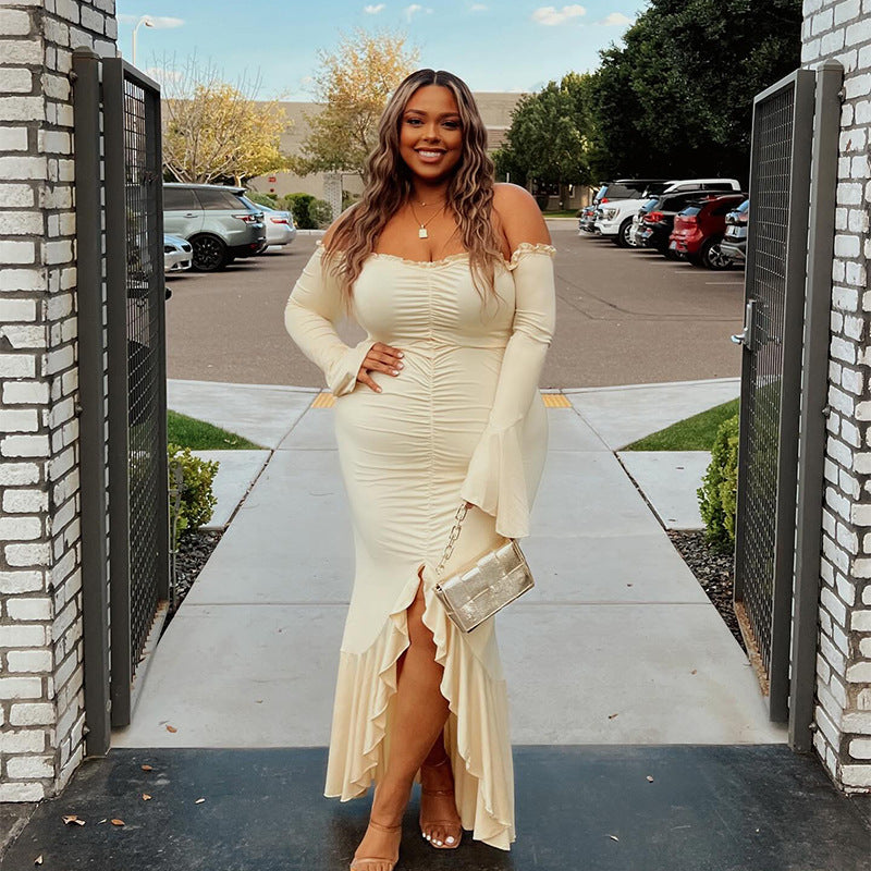 Autumn Solid Color Off Shoulder Long-Sleeved Sexy Slit Slim Women's Dress