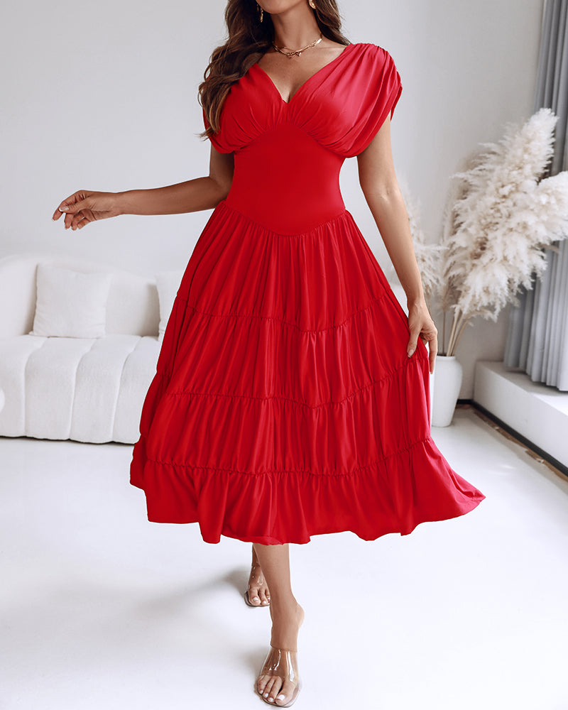 Red V-Neck Sleeveless Slim Waist Pleated A-Line Long Dress 5