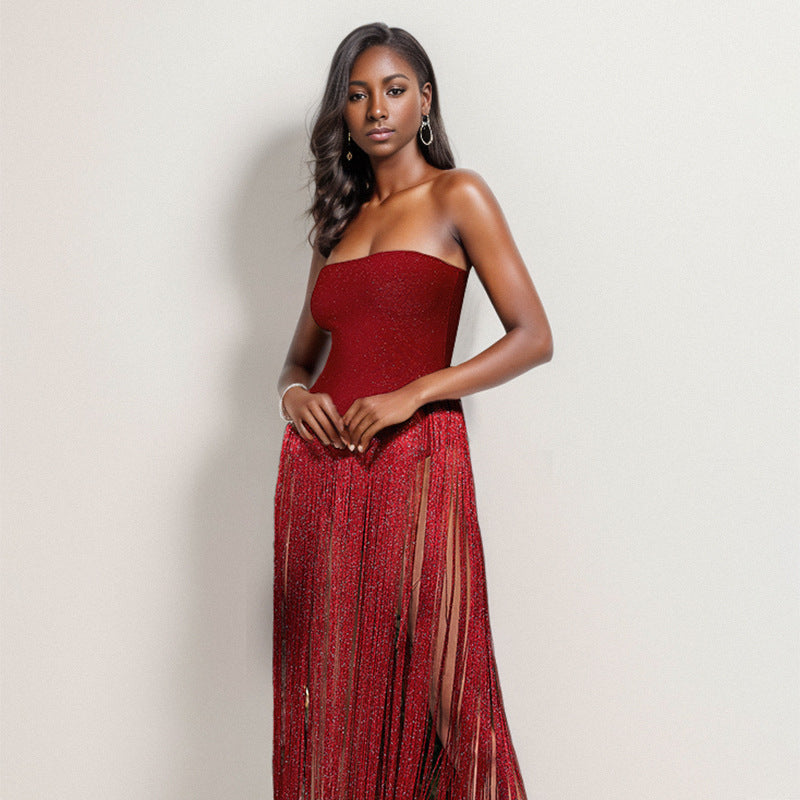 Women Tassel Patchwork Strapless Dress 8