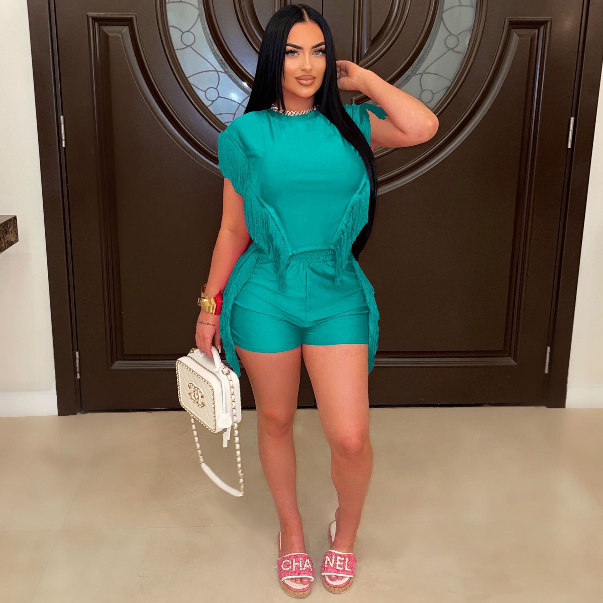 Women Short Sleeve Top and Tassel Pants Two-piece Set