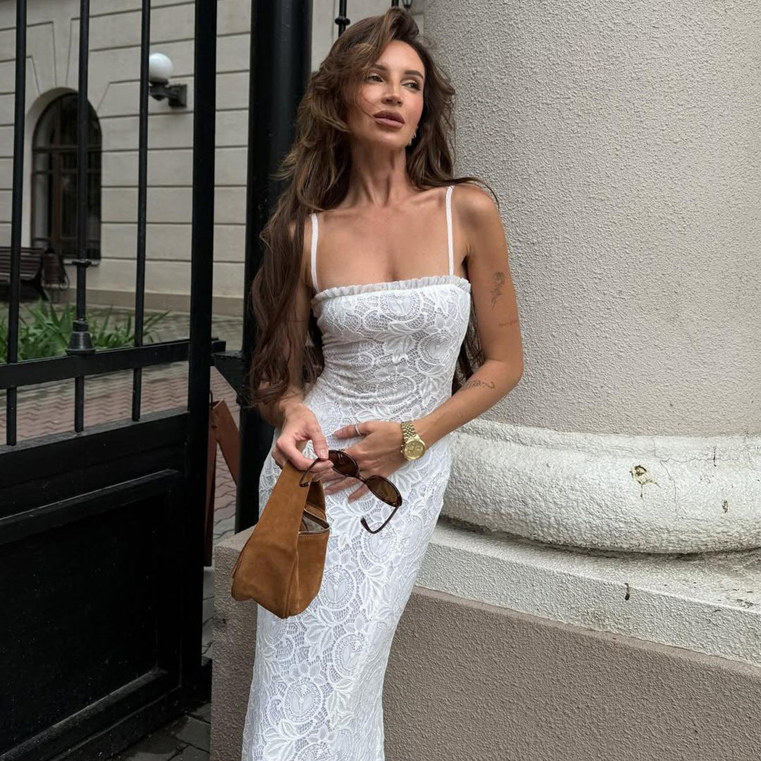 Women Summer Sexy Solid Mesh Patchwork Hollow Strap Dress