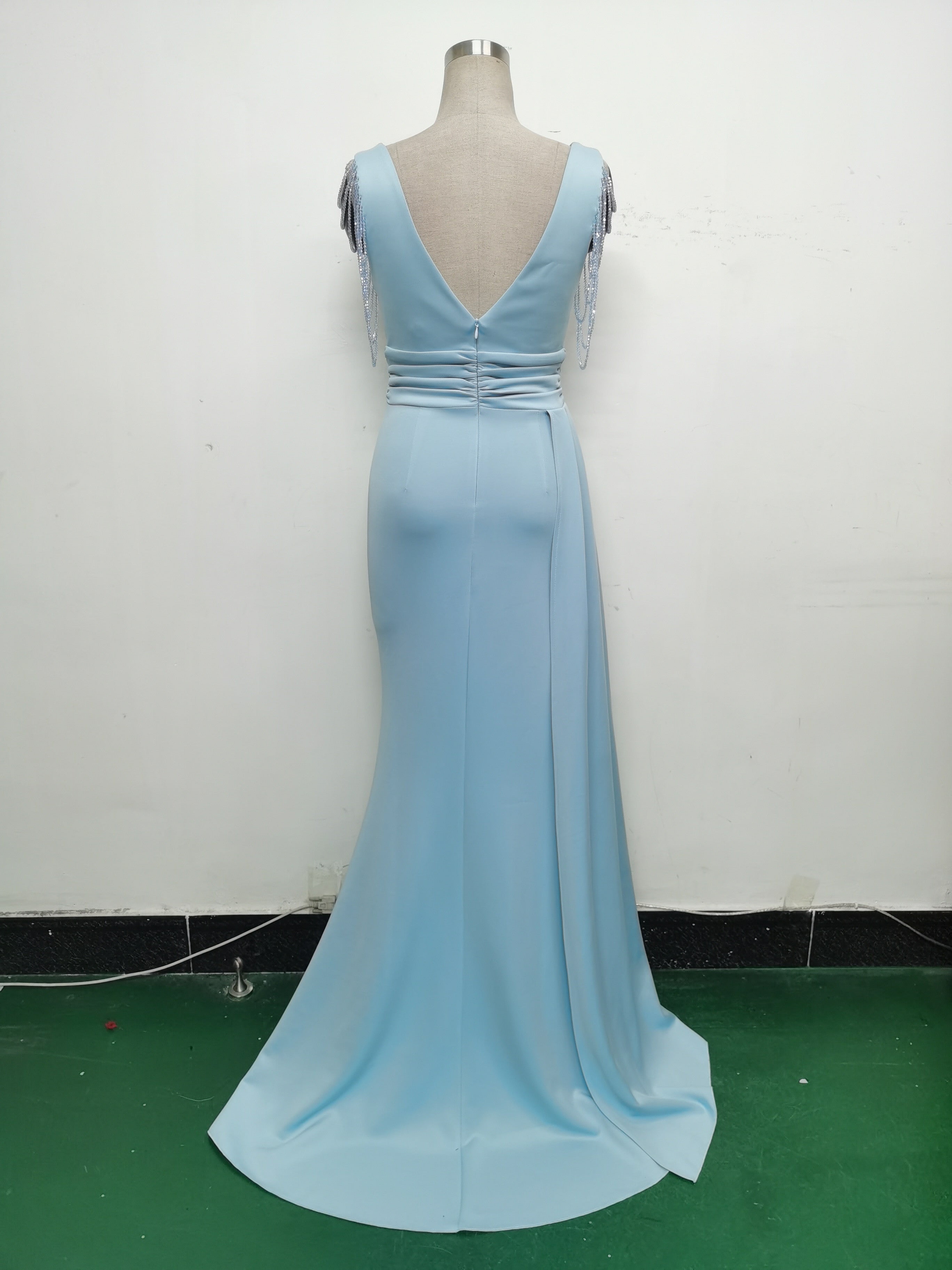 Women Satin Pleated Beaded Evening Dress 20