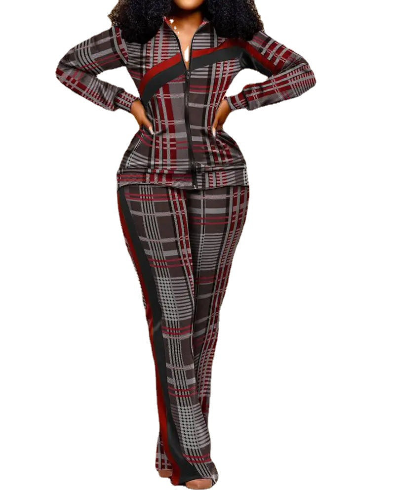 Women long-sleeved color-blocked zipper top and trousers two-piece set 13