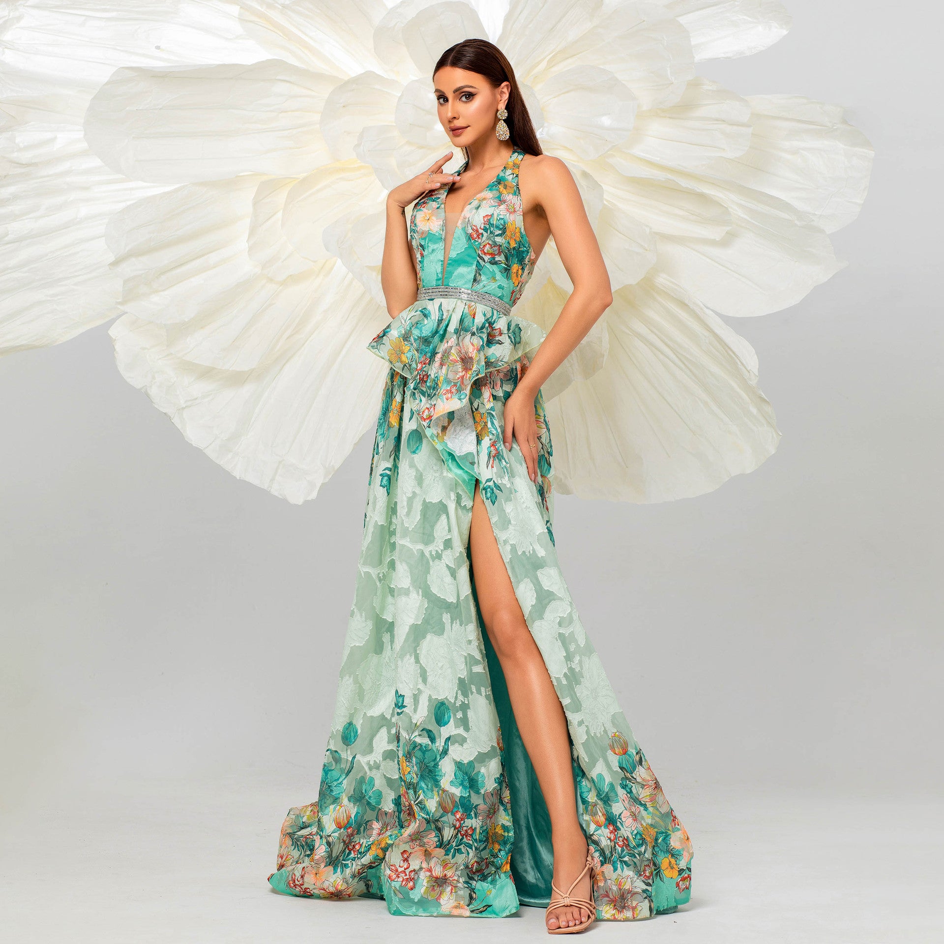 Women Sleeveless V-Neck Halter Neck Maxi Wedding Evening Dress 5