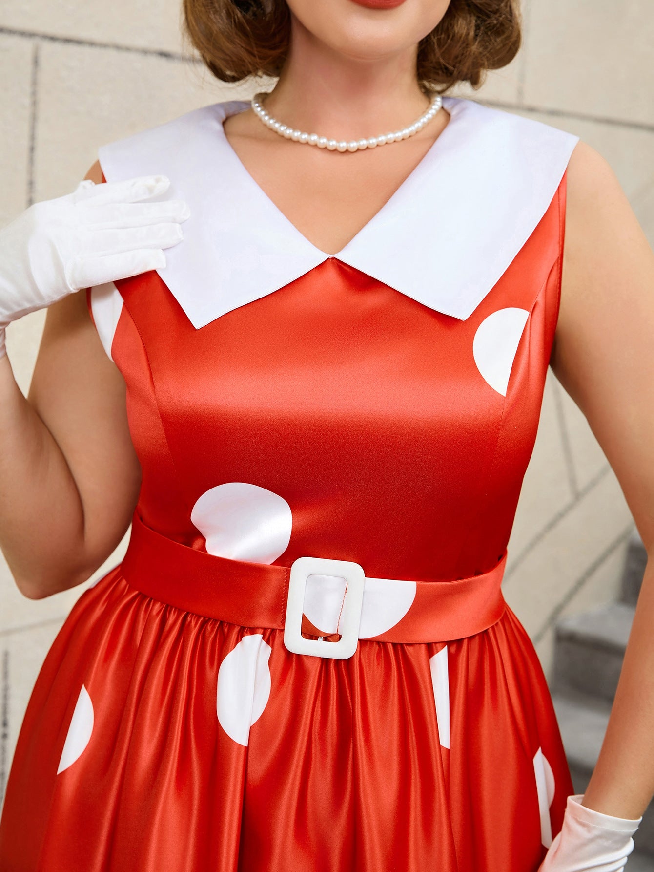 Plus Size Wedding Satin Turned-Down Collar Sleeveless Polka Dot Party A-Line Dress 8