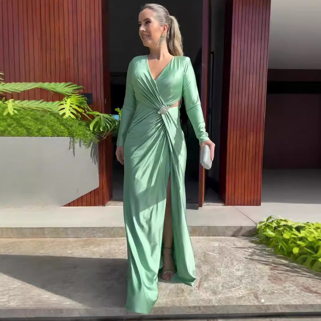 Summer V-Neck Solid Color Long-Sleeved Slim Women's Long Dress 5