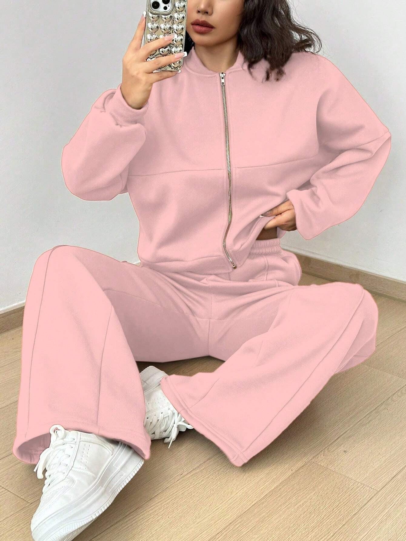 Spring autumn two-piece trendy solid color zipper long sleeve loose top elastic sweatpants two-piece set 24