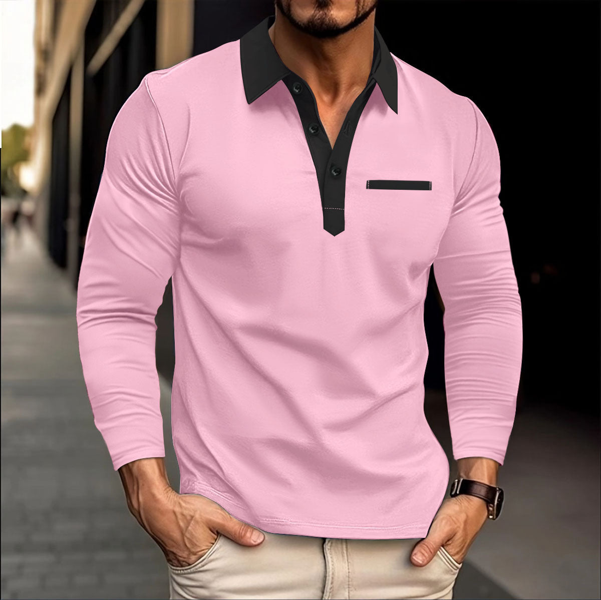 Autumn winter men's long-sleeved polo shirt Turndown Collar fashion color matching top 6