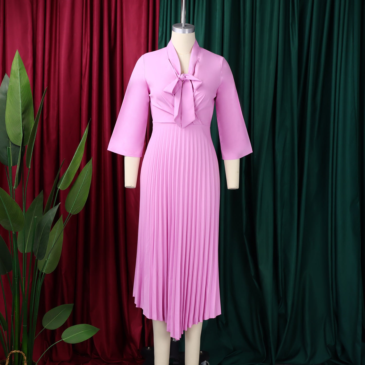 Women 3/4-sleeve tie dress with irregular pleats 21