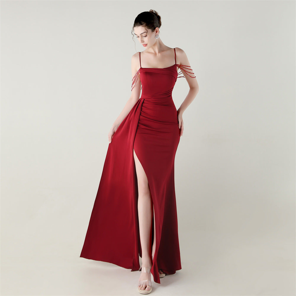 Women Strapless satin beaded chain fishtail evening dress 13