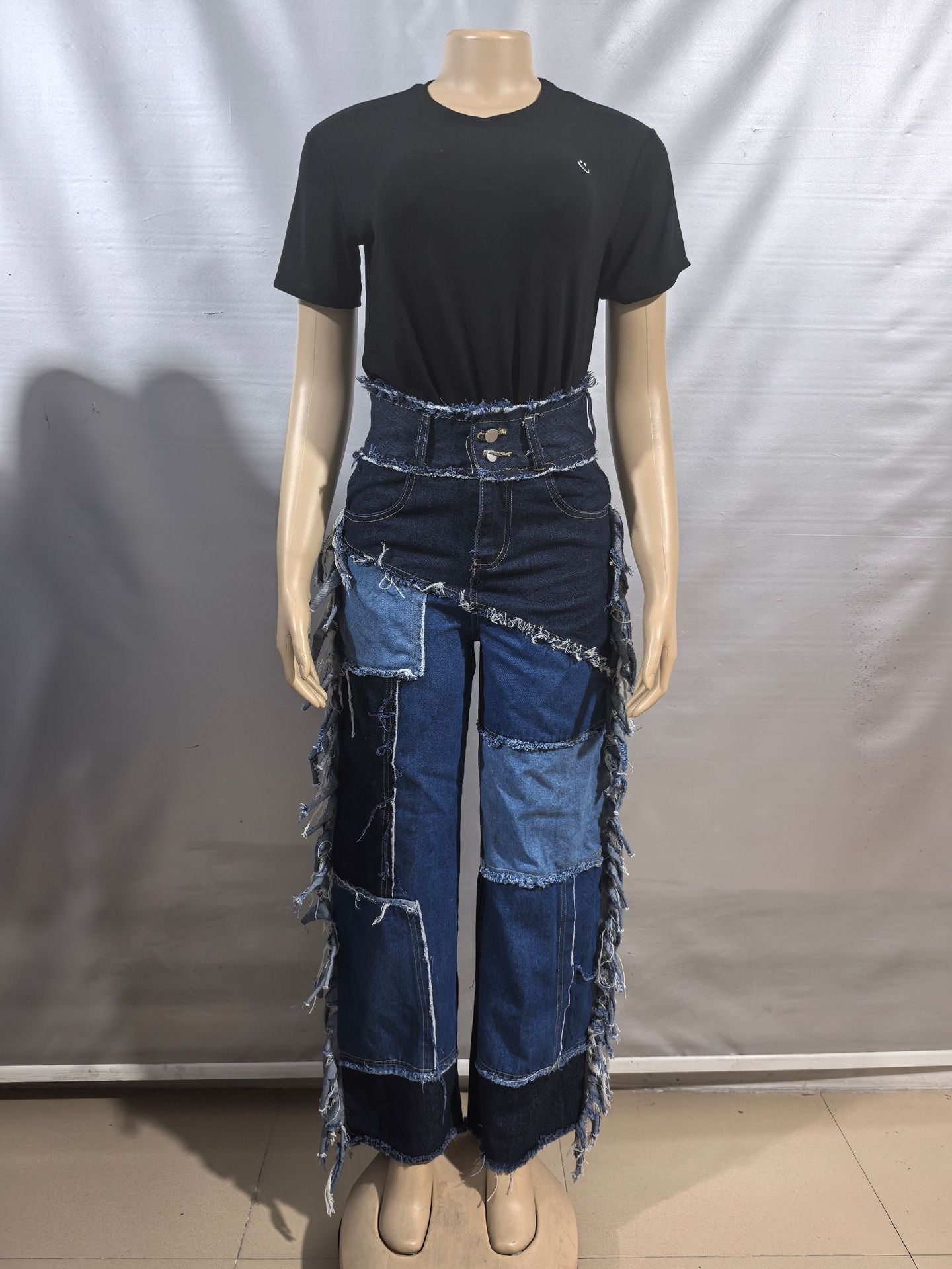 Women patchwork Colorblock Tassel Denim Pants 8