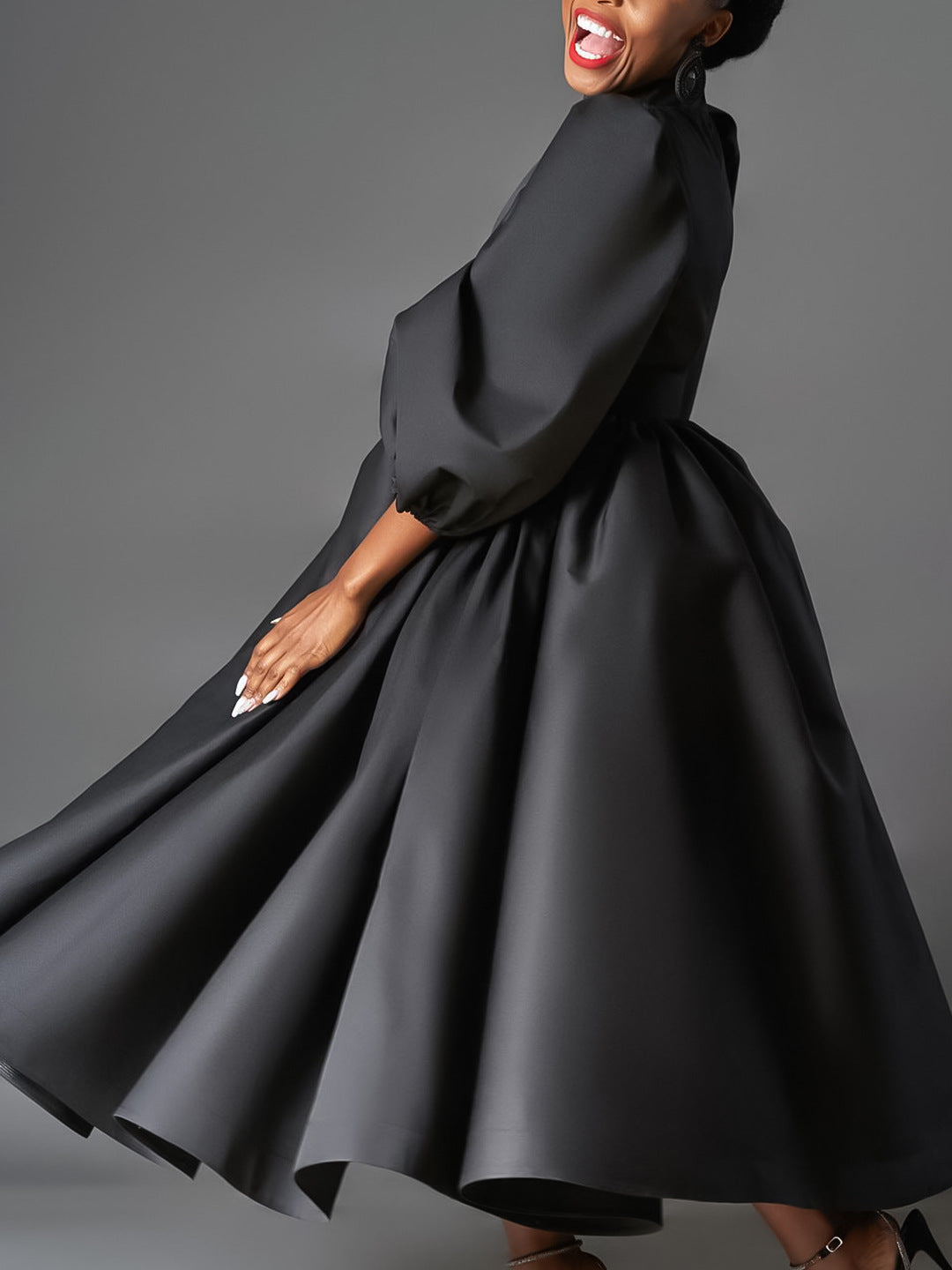 Plus Size Women's Loose Fashion Solid Color Puff Sleeve A-Line African Dress 6