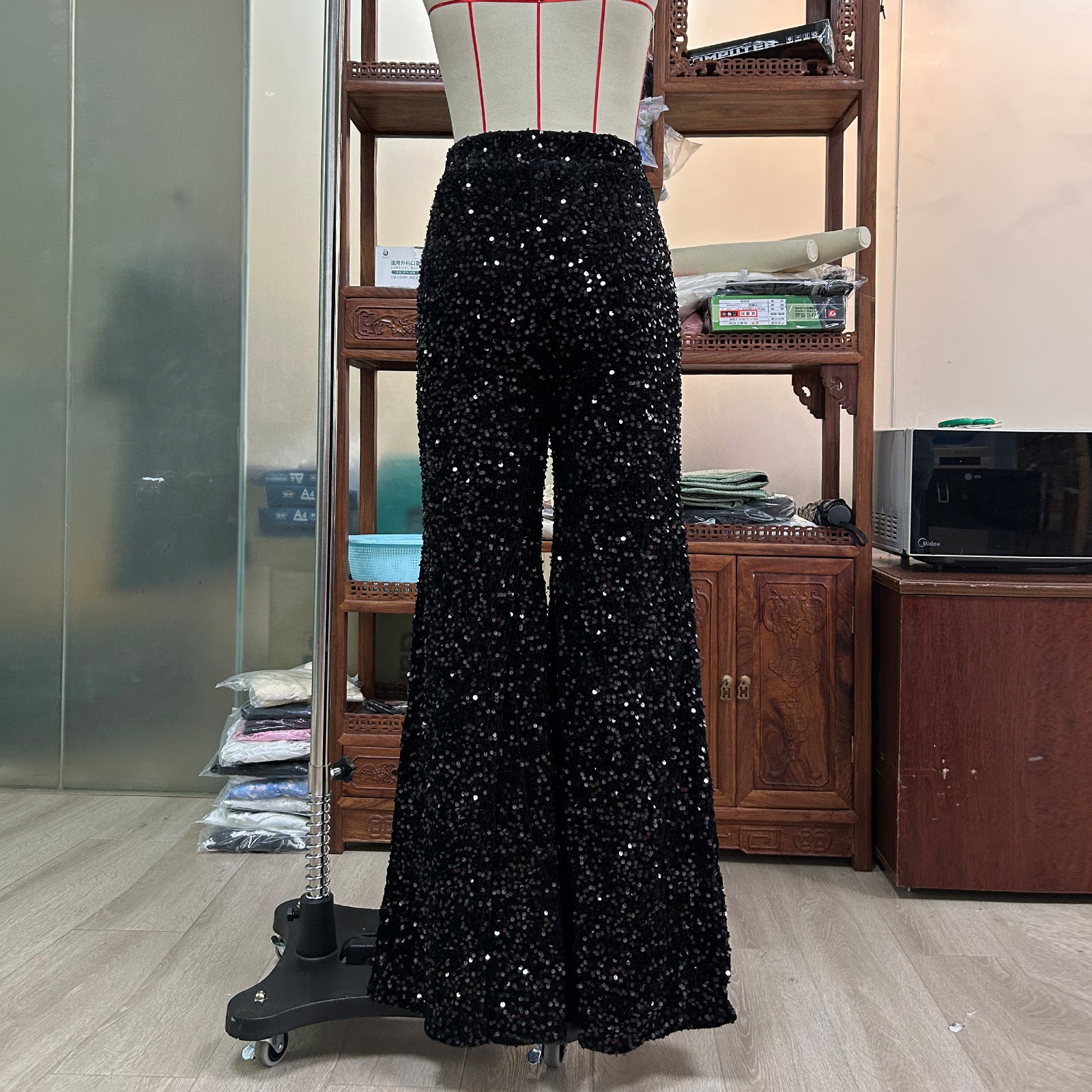 Women Solid Color Sequin Fashion Casual High Waist Wide Leg Pants 12