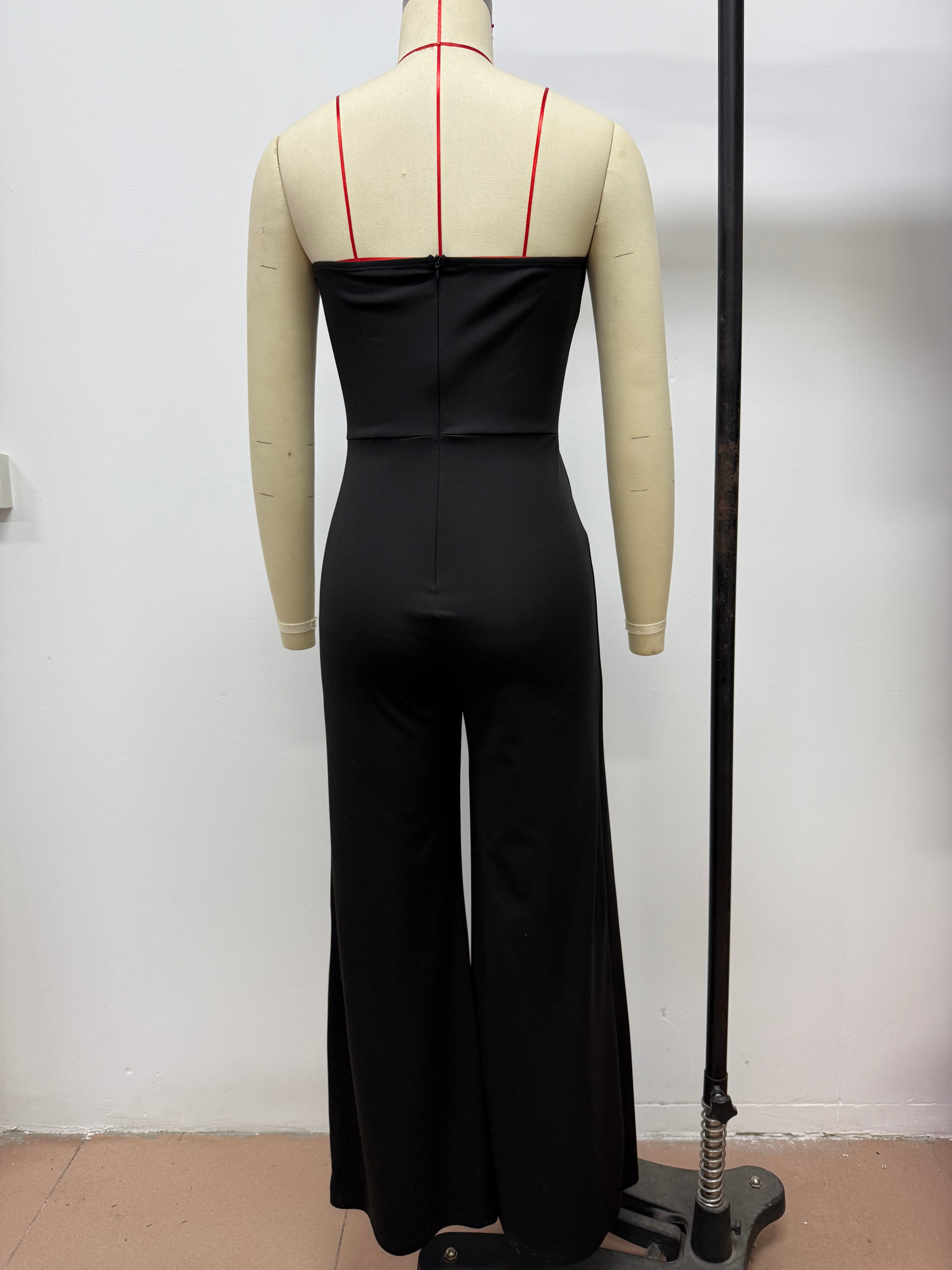 Women Sexy Strapless Metal Button Sleeveless Wide Leg Pants 5