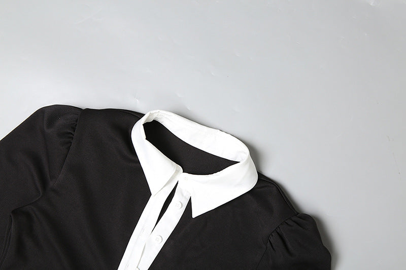 Women's Autumn Chic Color Block Slim Turndown Collar Button Shirt Dress 12