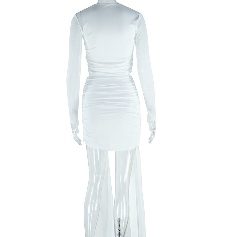 Women's Solid Color Round Neck Mesh Patchwork Crop Top Ribbon Skirt Two Piece Set 9