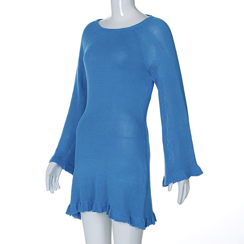 Winter Sexy Knitting Tie Low Back Bell Bottom Long Sleeve Solid Color Dress 15