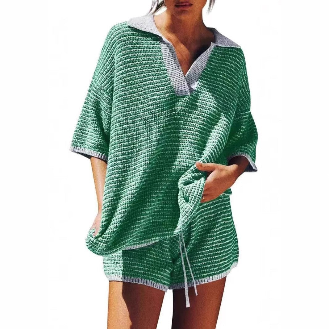 Summer Women's Loose Knit Turndown Collar Top & High-Waist Shorts 6