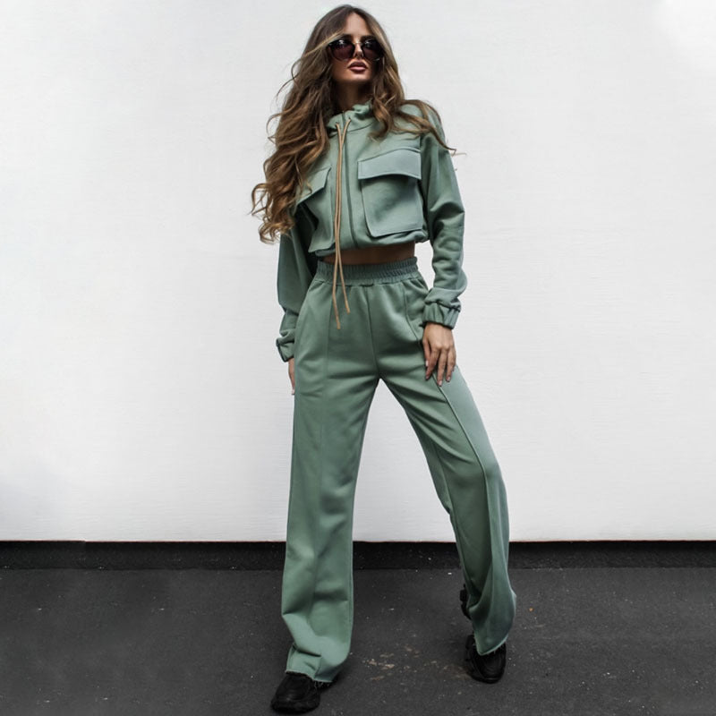 Autumn Winter Solid Color Zipper Double Pocket Drawstring Long Sleeve Top Fashion Casual Pants Suit 5